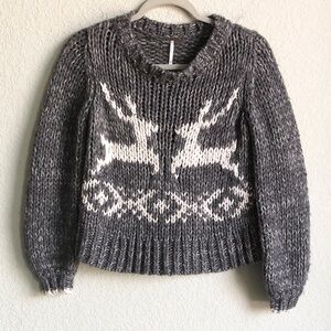 Free People Dancer and Prancer Fuzzy Sweater Reindeer XS Grey